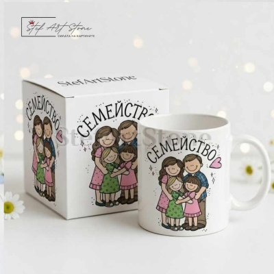 Чаша за подарък за семейство с надпис и илюстрация с две момичета в подаръчна кутия