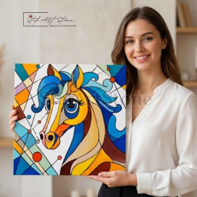 Луксозен подаръчен комплект, включващ абстрактна картина с цветен кон, тематична арт чаша и подаръчна кутия с червена панделка