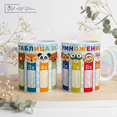 Образователна детска чаша за подарък с таблицата за умножение и мотиви с горски животни в тематична кутия