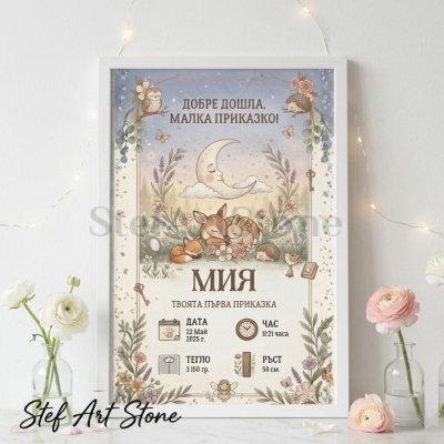 Персонализирана рамка постер за бебешка визитка с илюстрация на горски животни под луна и звезди с надпис Добре дошла малка приказко и име Мия