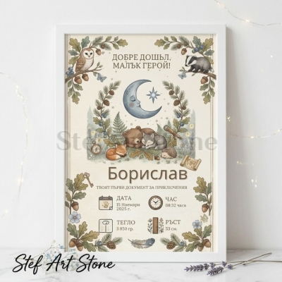 Персонализирана рамка постер за бебешка визитка с илюстрация на горски животни, луна, компас и телескоп с надпис Добре дошъл малък герой и име Борислав