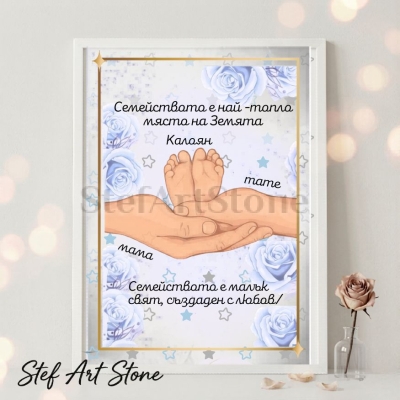Персонализиран постер за подарък в бяла рамка с илюстрация на родителски ръце държащи бебешки крачета на светлосин фон със сини рози, звездички и имена Калоян мама тате