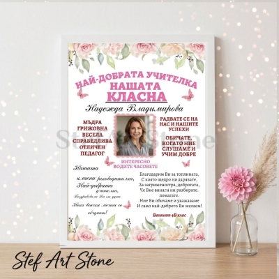 Персонализиран постер за подарък за учител в бяла рамка с дизайн на благодарствено писмо, розови рози, стихотворение и име Надежда Владимирова