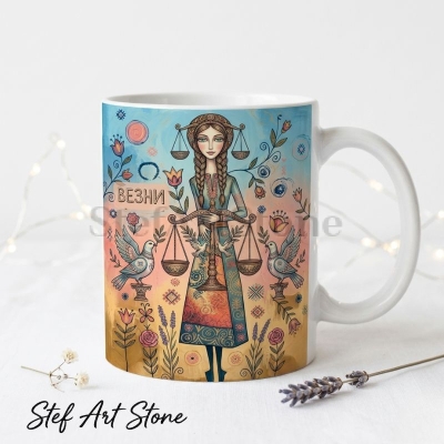 : Художествена керамична чаша зодия Везни – богиня с везни в народна носия, гълъби и цветя, серия Богини на Зодиака, StefArt Stone