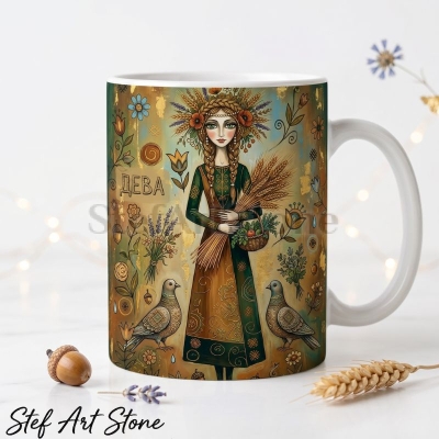 Художествена керамична чаша зодия Дева – богиня с венец от жито и цветя, класове и кошница, серия Богини на Зодиака, StefArt Stone
