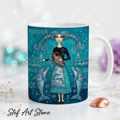 Художествена керамична чаша зодия Водолей – богиня с амфора и два делфина в наситена тюркоазена палитра, серия Богини на Зодиака, StefArt Stone