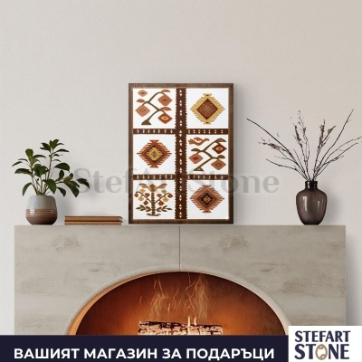 Пано с чипровски мотиви на бял фон в модерен светъл интериор – етно картина за хол
