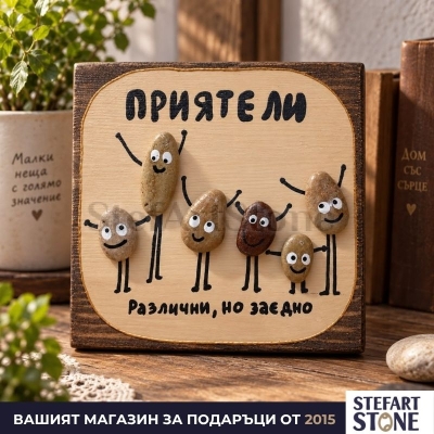 Картина за приятели „Различни, но заедно“ поставена върху шкаф в домашен интериор