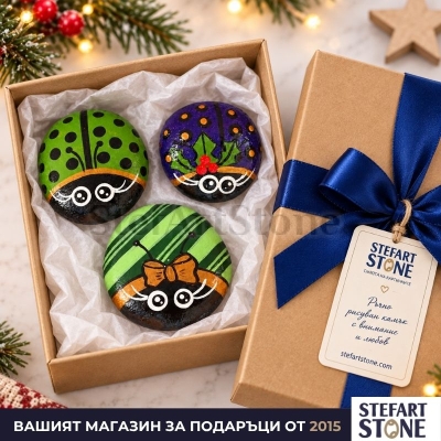 Комплект 3 рисувани камъни калинки „Зимна гора“ в подаръчна кутия StefArt Stone