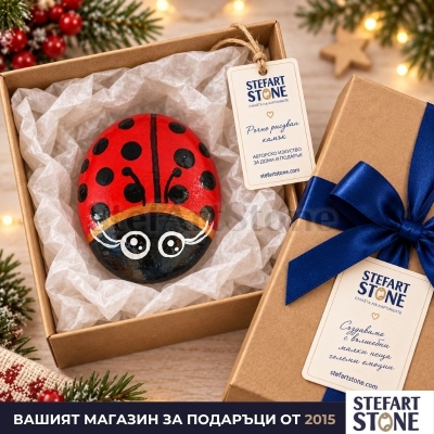 Ръчно рисуван камък червена калинка в подаръчна кутия StefArt Stone