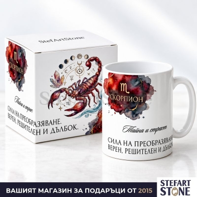 Чаша за Подарък за Рожден Ден – Зодия Скорпион (Акварелни Мотиви с Кутия)