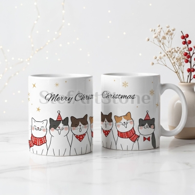 Два изгледа на една коледна чаша с котки, червени аксесоари и надпис Merry Christmas