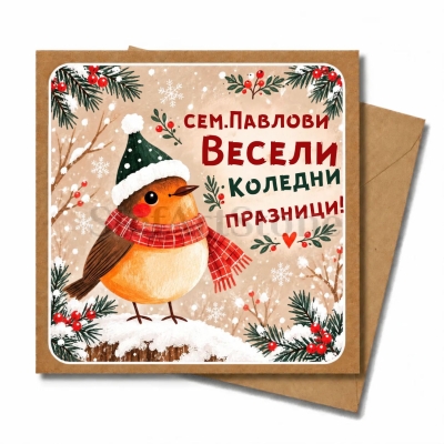 Персонализирана коледна картичка с птичка, зелена шапка, червен шал и надпис „сем.Павлови – Весели коледни празници!“, с кафяв плик.