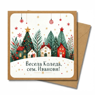 Персонализирана коледна картичка с цветни къщички, украсени елхи, надпис „Весела Коледа, сем. Иванови!“ и кафяв плик.