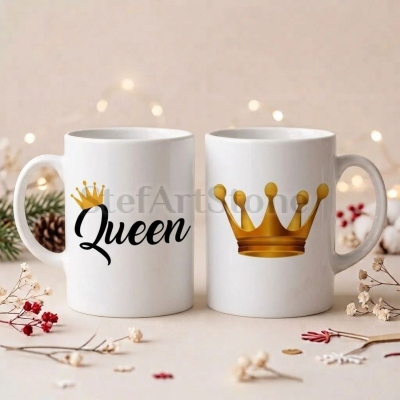Бяла керамична чаша Queen, показана отпред с черен надпис и малка златиста корона и отзад с голяма златиста корона.