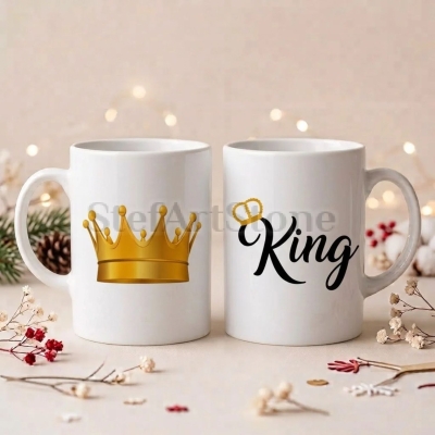 Бяла керамична чаша King, показана отпред с черен надпис и малка златиста корона и отзад с голяма златиста корона.