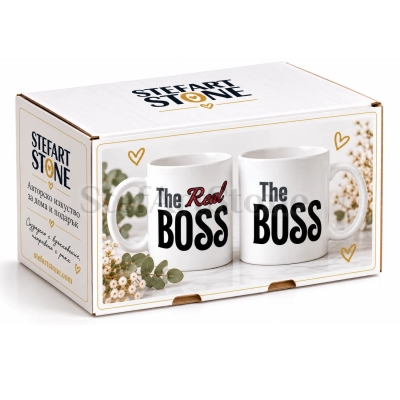 Подаръчна кутия STEF ART STONE за комплект от две чаши The Boss и The Real Boss, с изображение на двата различни дизайна.