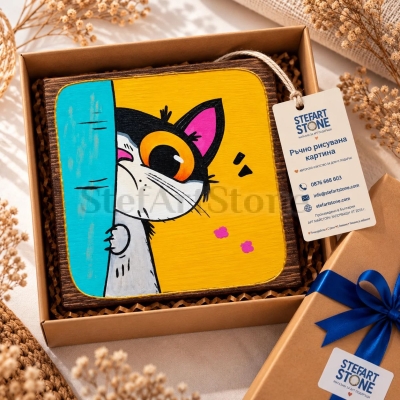 Ръчно рисувана картина с коте, представена в подаръчна кутия STEF ART STONE.